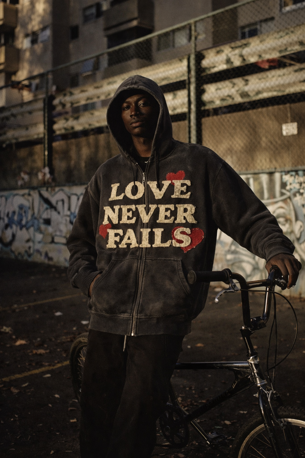 LOVE NEVER FAILS DISTRESSED HEAVYWEIGHT ZIP HOODIE
