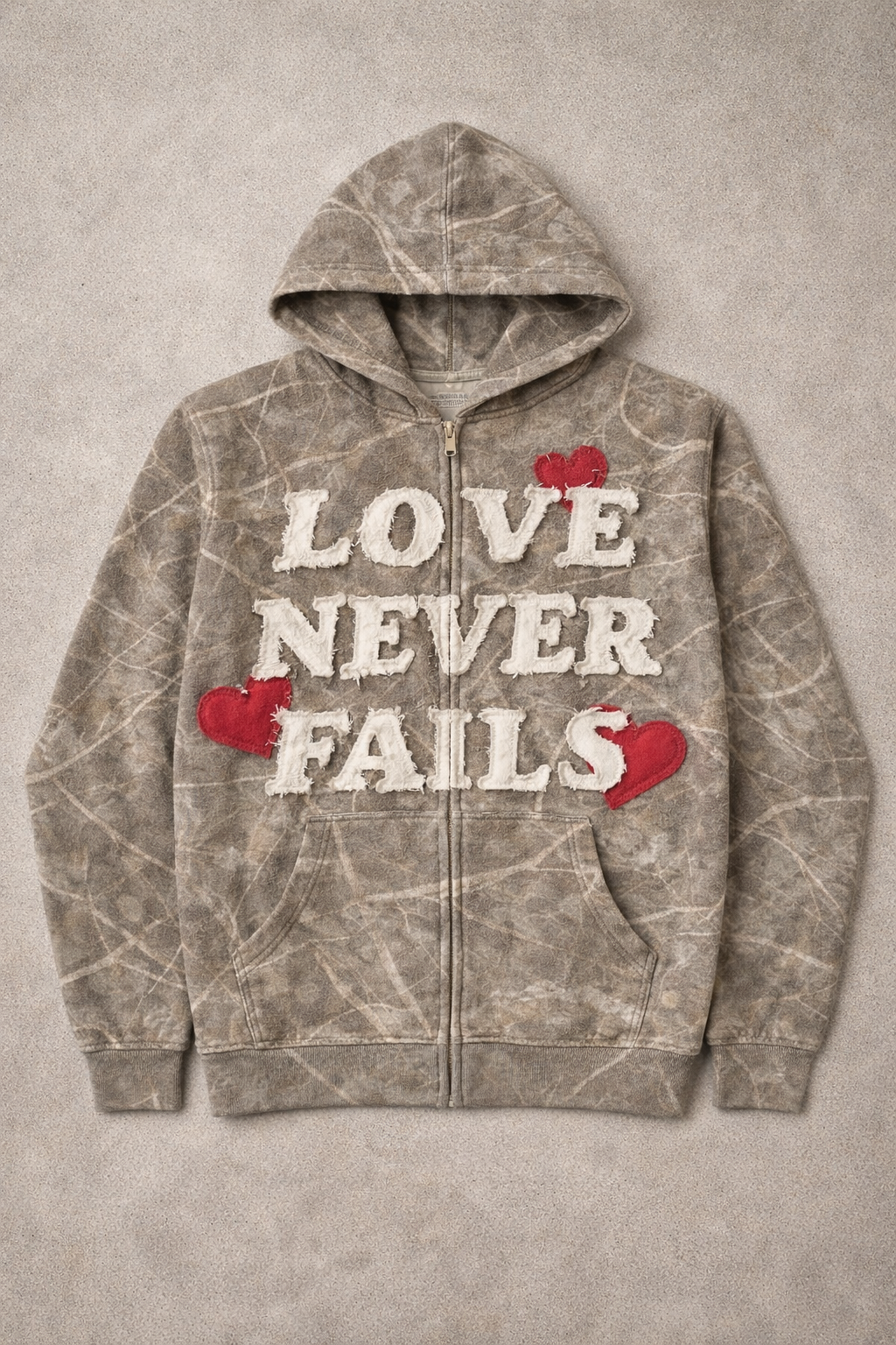 LOVE NEVER FAILS DISTRESSED HEAVYWEIGHT ZIP HOODIE