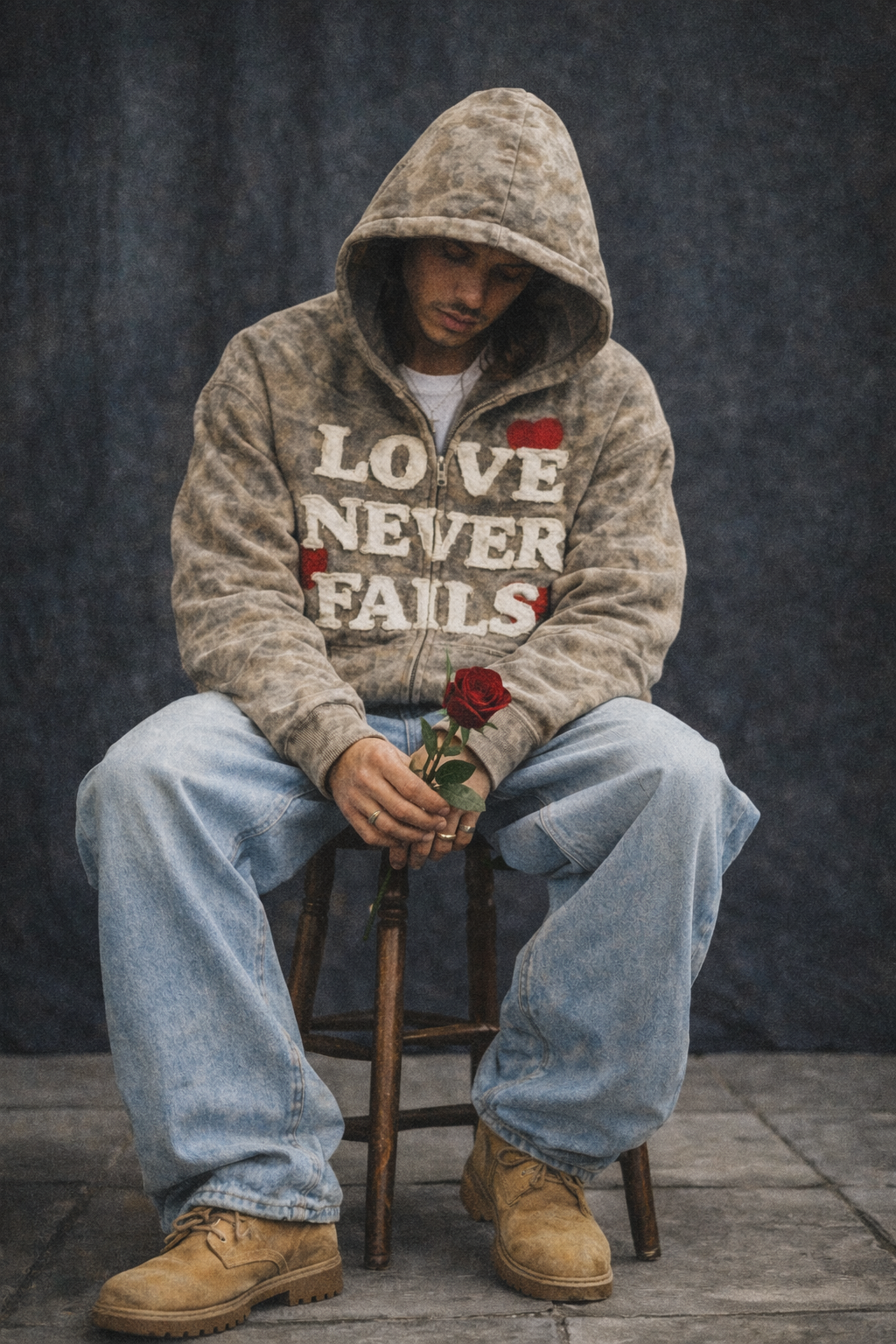 LOVE NEVER FAILS DISTRESSED HEAVYWEIGHT ZIP HOODIE