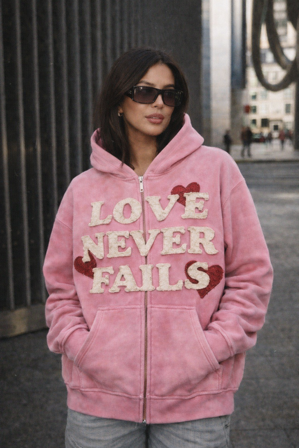 LOVE NEVER FAILS DISTRESSED HEAVYWEIGHT ZIP HOODIE
