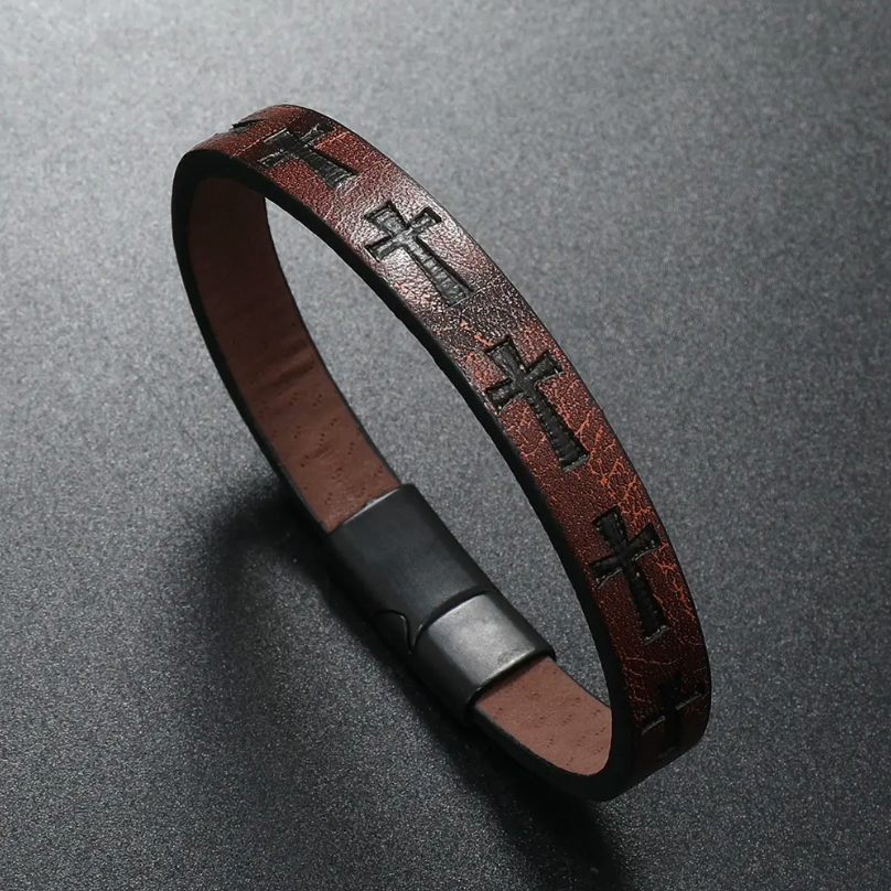 Leather Cross-Engraved Bracelet