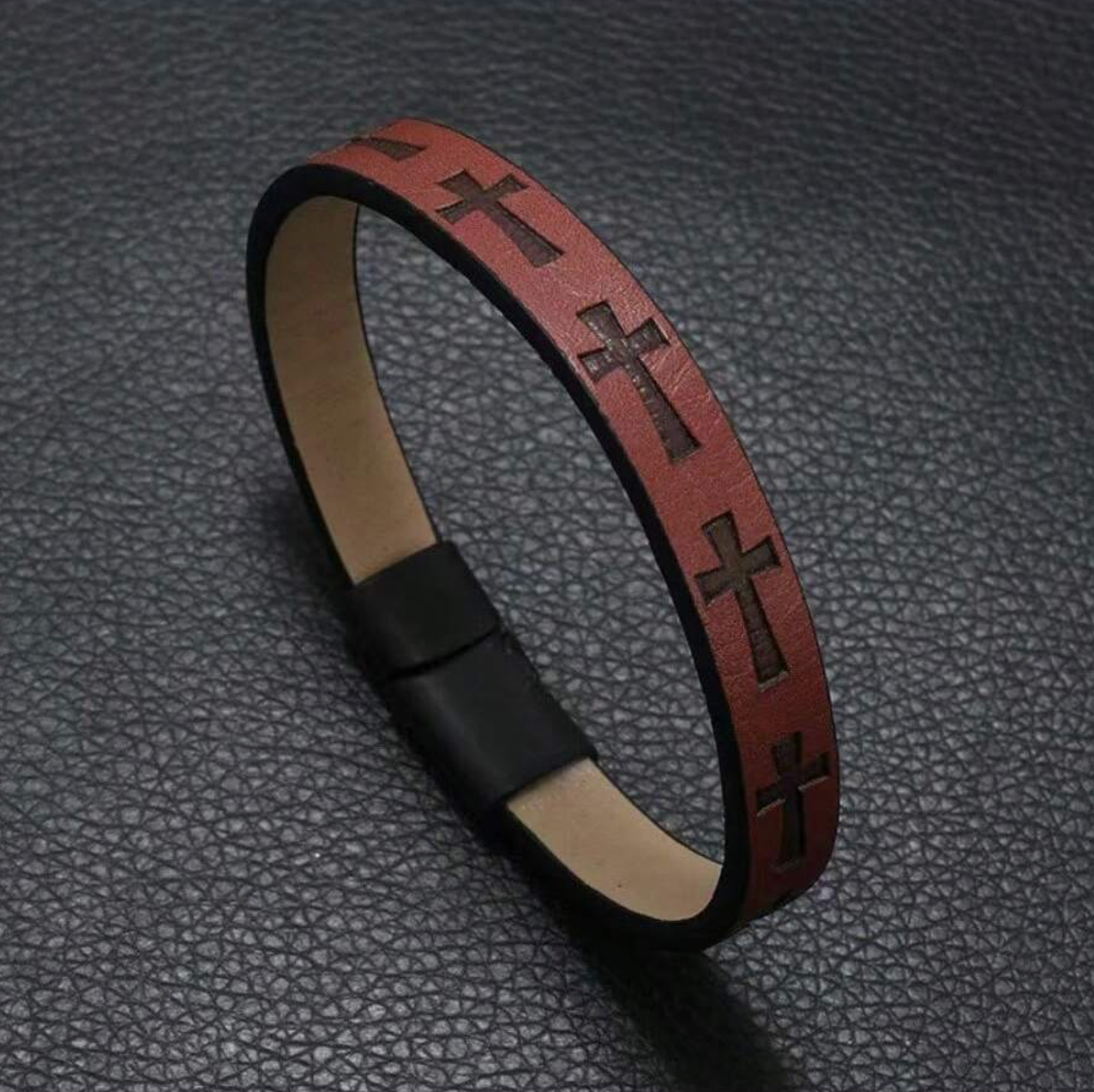 Leather Cross-Engraved Bracelet